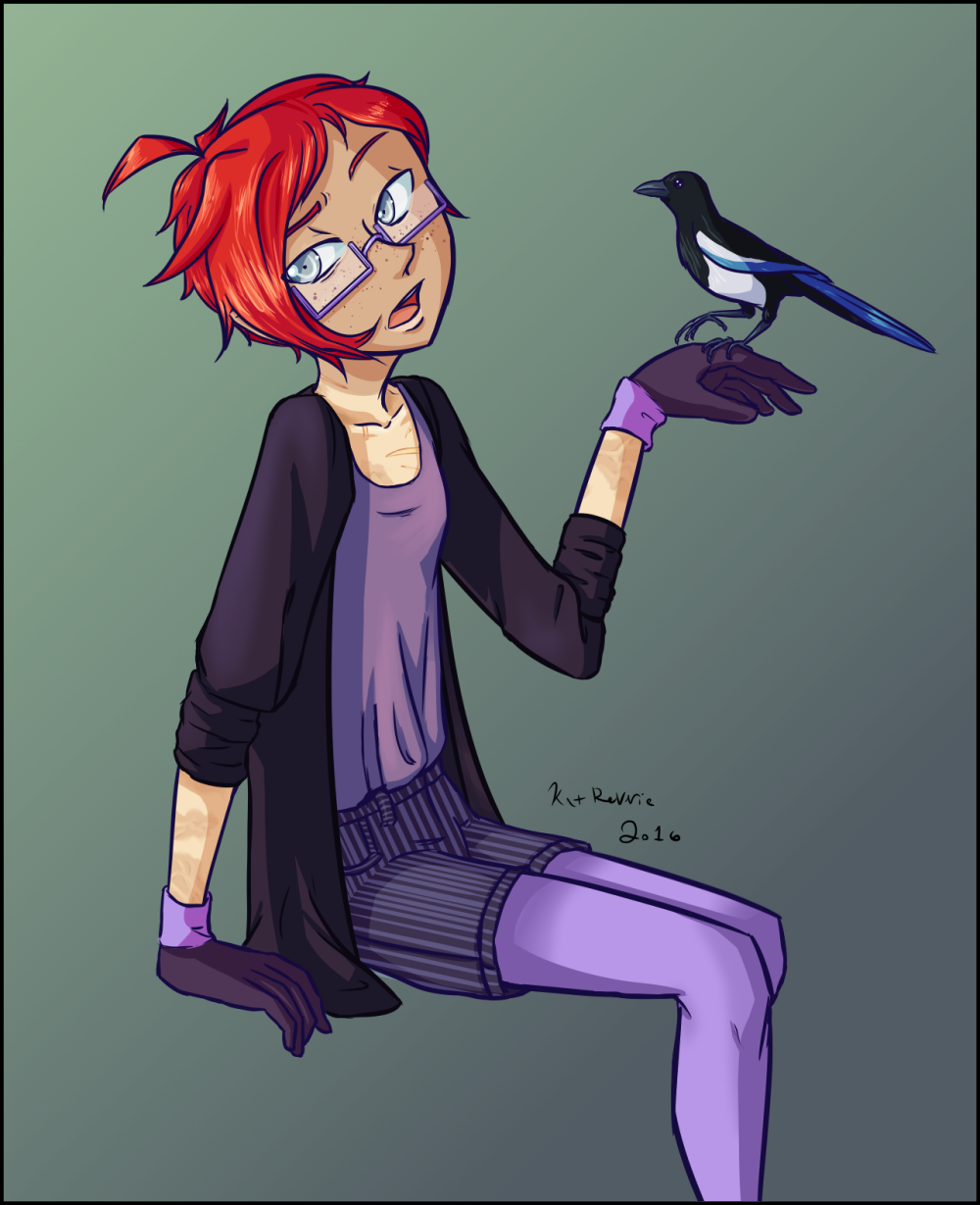 Clive giving a viewer off-screen a look that says 'Are you serious?' while she holds Alphard the Magpie on one hand. Art by GreyWaysArt on Bluesky.