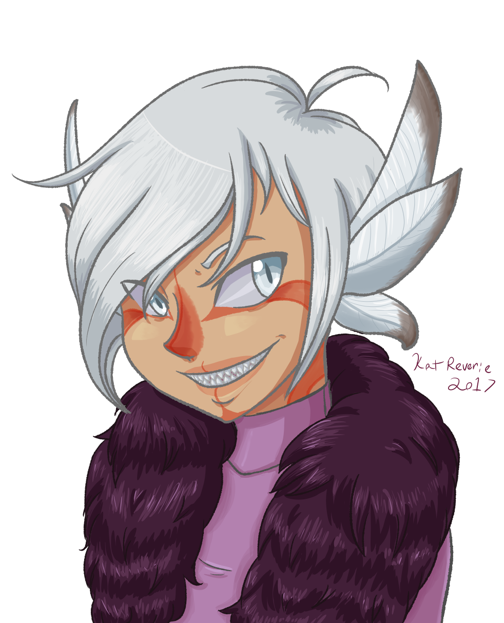 Clive in a midform between winged-serpent and human - basically she looks like her normal self with feathery ears and red markings on her face, and sharp teeth. Art by GreyWaysArt on Bluesky.