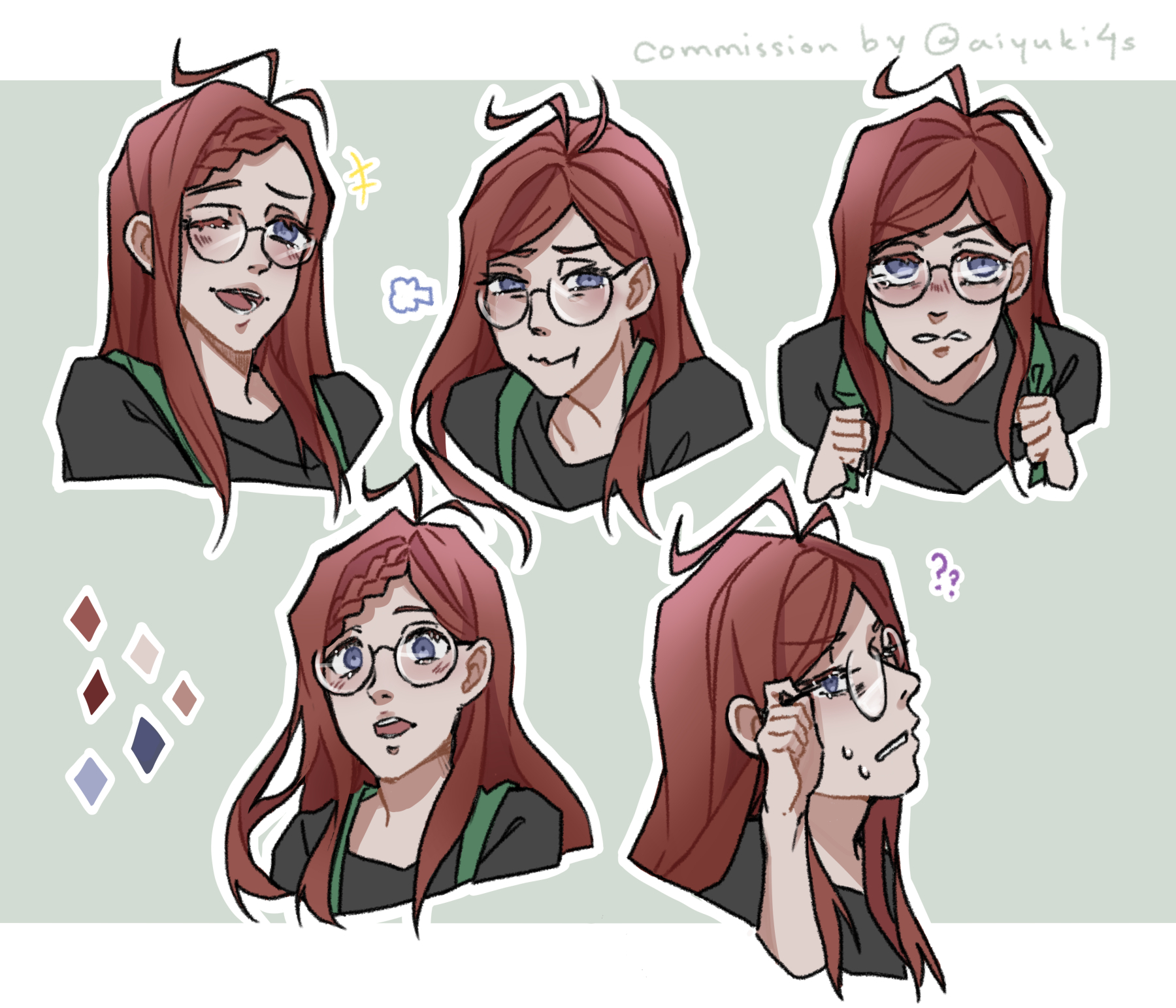 Ruby with a series of expressions. Art by https://twitter.com/aiyuki4s