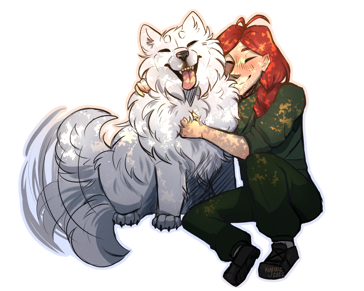 Ruby hugging a really fluffy white dog. Art by https://toyhou.se/kyruiz