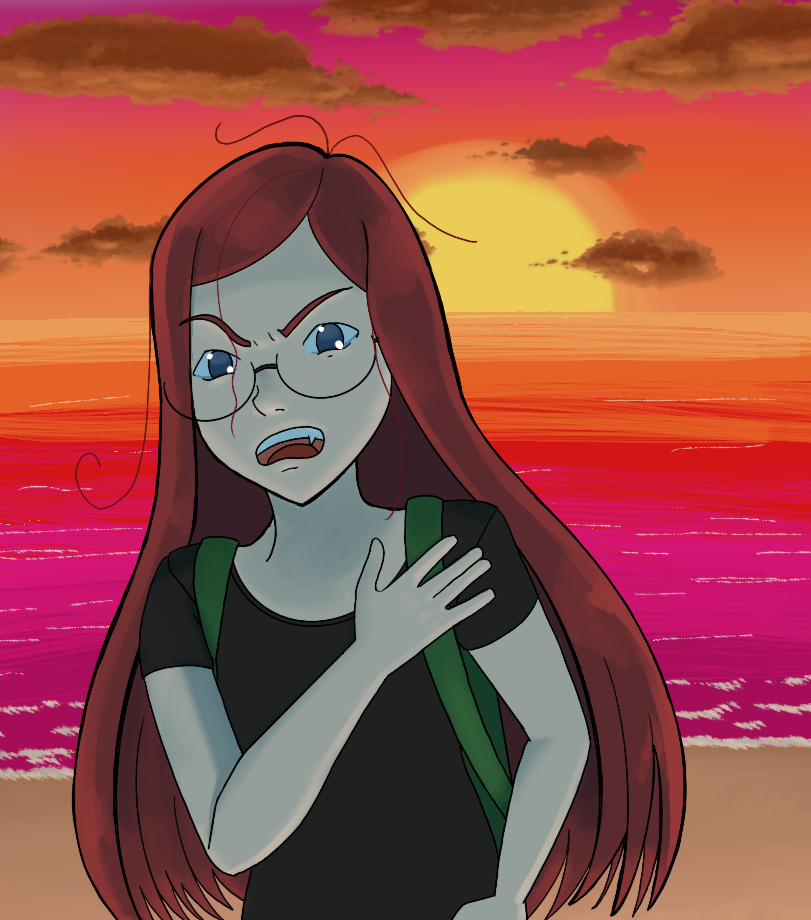 Ruby on a beach at sunset, looking impassioned and angry. Art by GreyWaysArt on Bluesky