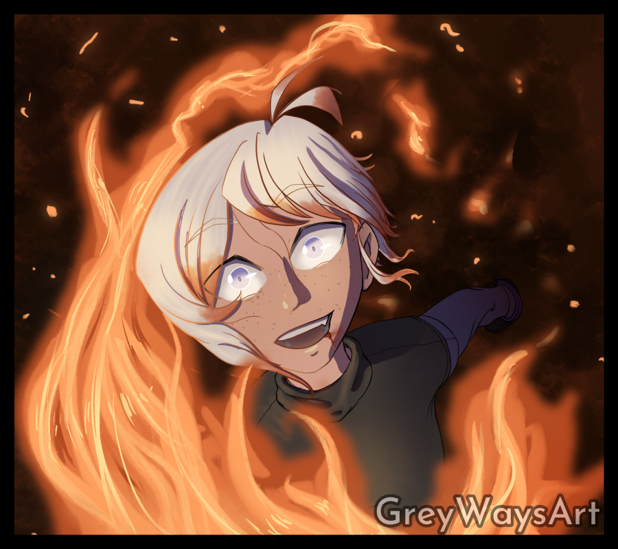 Clive looking downright manic, sourrounded by flames. She does not have her glasses or goggles on. Art by GreyWaysArt on Bluesky