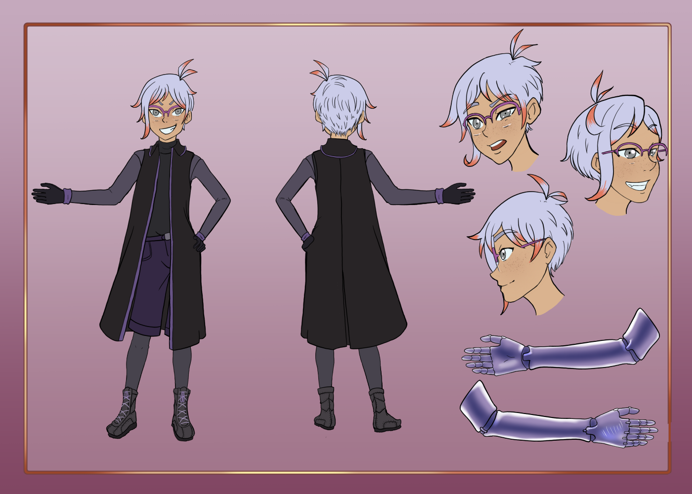 A character sheet of Clive in her default outfit. Art by GreyWaysArt on Bluesky