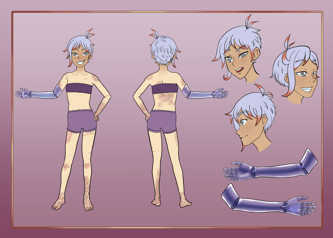 A character sheet of Clive in a breastband and boyshorts, showing her robotic arm and her scars. The background is abstract. Art by GreyWaysArt on Bluesky.