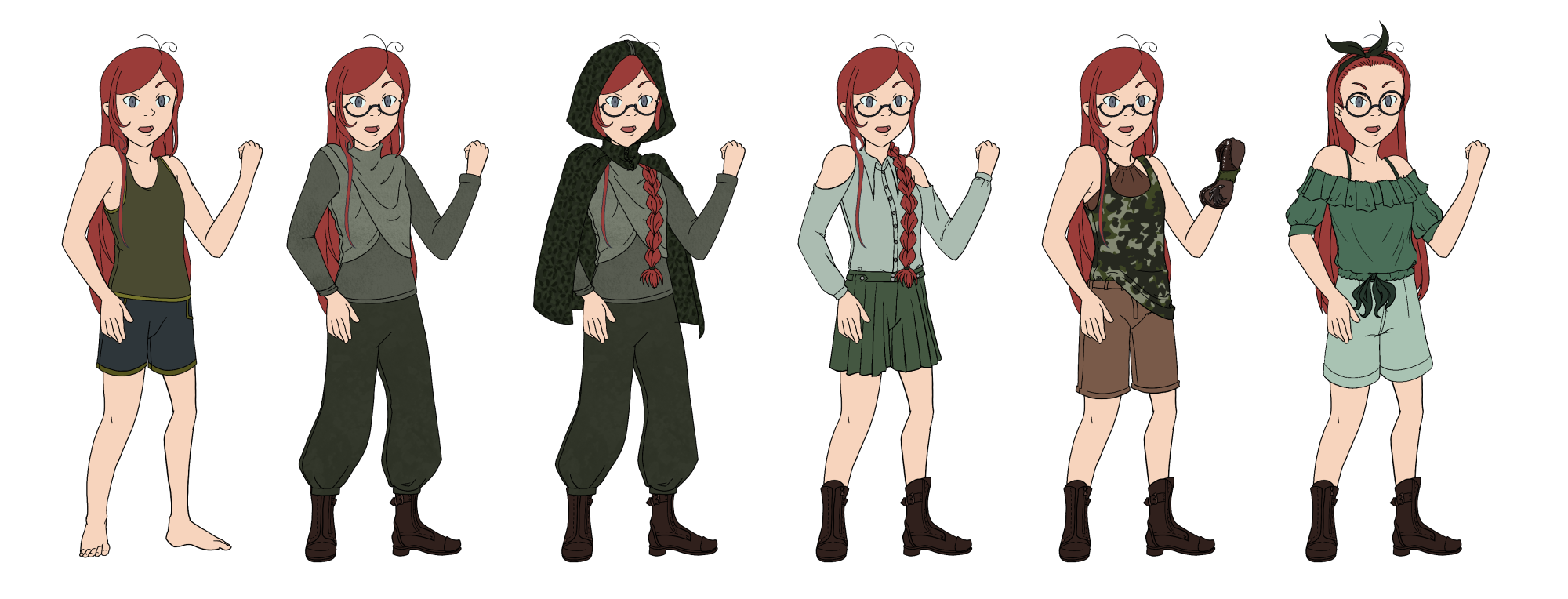 A character sheet of Ruby dressed in multiple outfits. She apparently really likes green. Art by GreyWaysArt on Bluesky